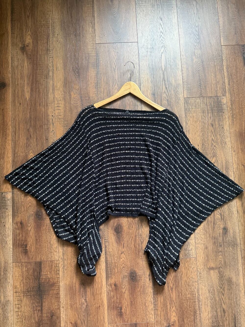 Whimsigoth Knit Striped Asymmetrical Black White Cape Poncho One Size